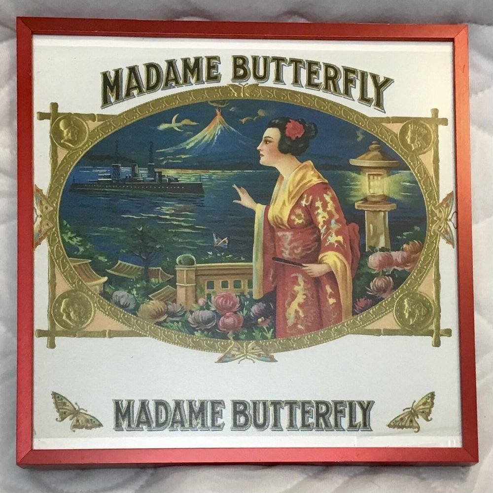 Vintage Madame Butterfly Cigar Label Art Of The Cigar RARE Heavy Metal Frame